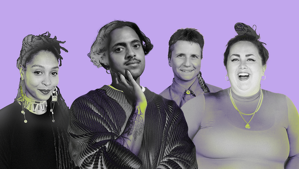 The four artists from PROCESS stand in front of a purple background