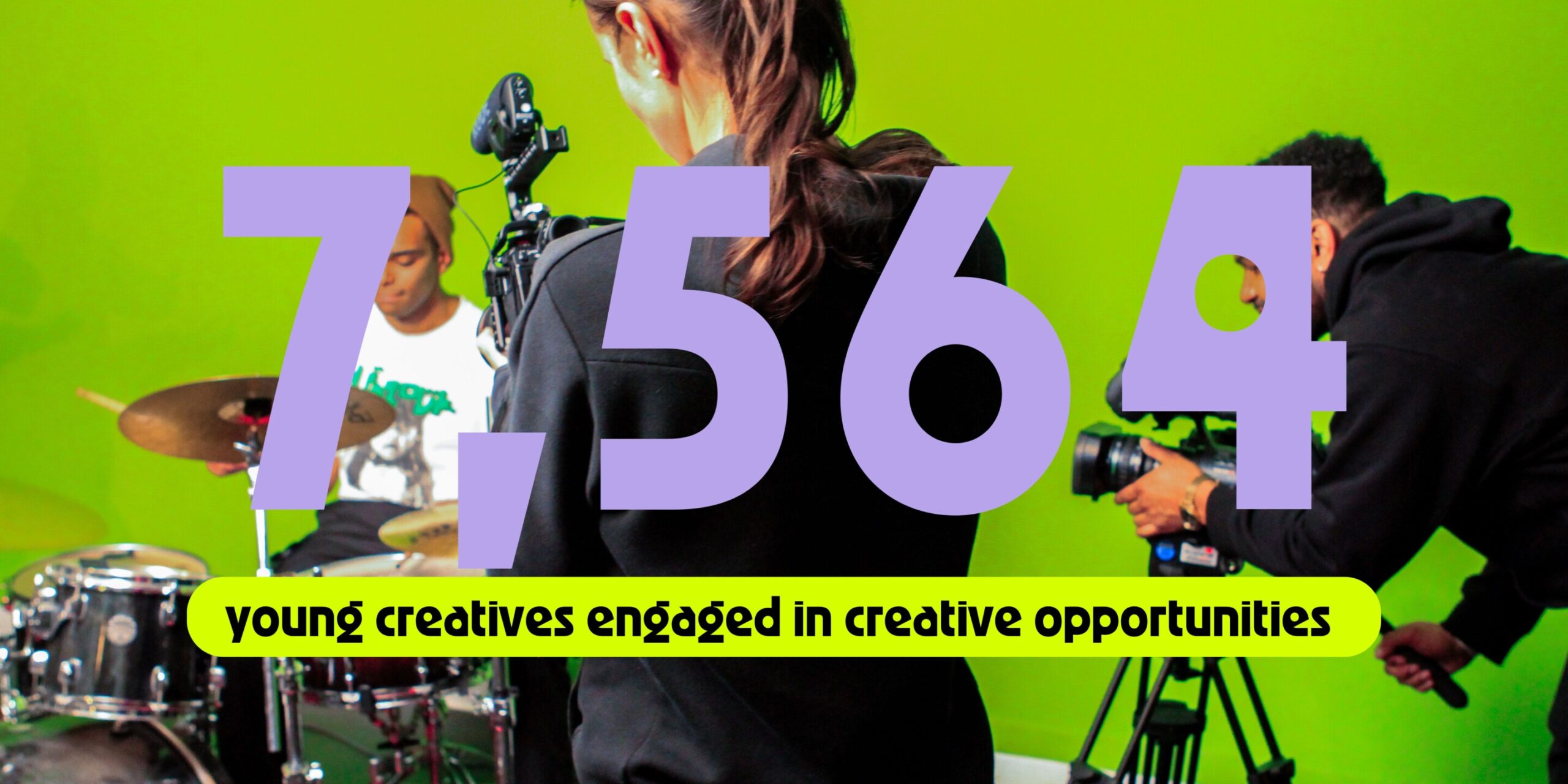 The words 7,564 young creatives engaged in opportunities over an image of a young person on drums being filmed