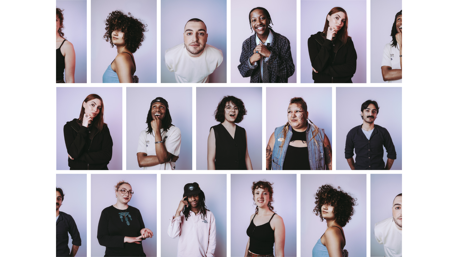 A collage of a series of headshots of young people, each against a light pink background