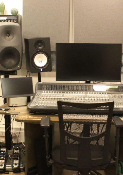 a recording studio mixing desk